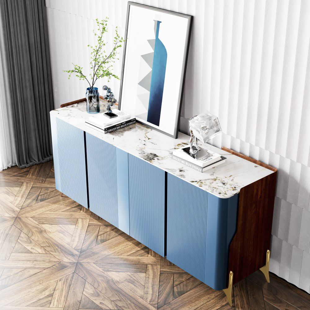 Modern Luxe Navy Blue Eucalyptus Veneer Stainless Steel Leg Sideboard Buffet