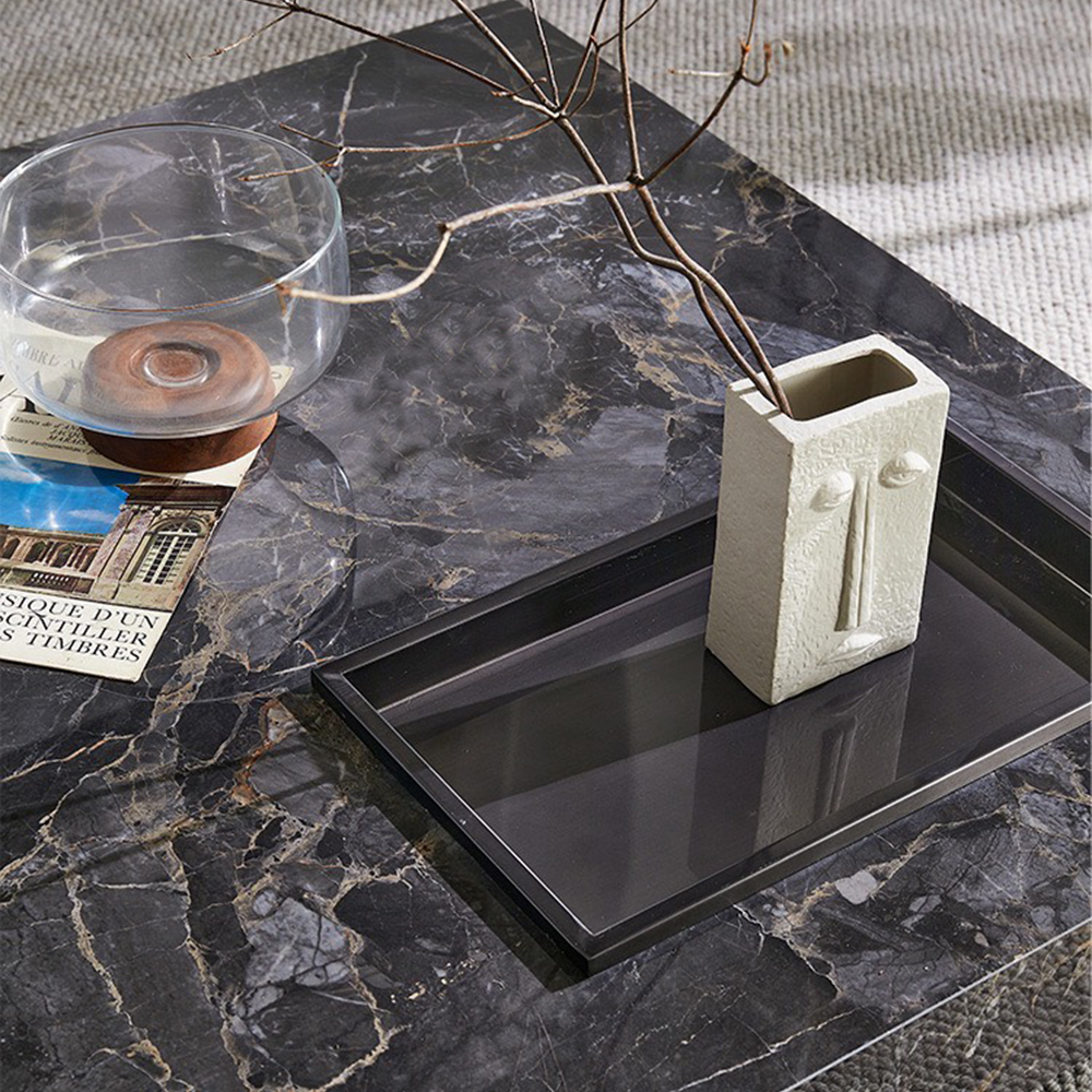 Modern Black Glossy Crystal Slate Square Coffee Table 