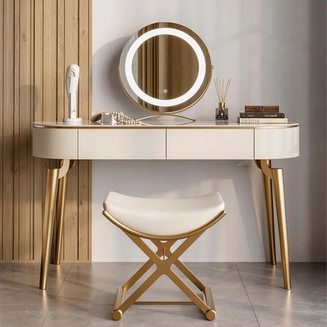 Modern LED Mirror Sintered Stone with Storage Makeup Vanity Table Set 