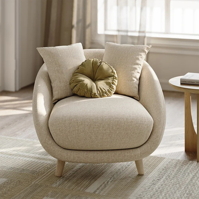 Minimalist Wooden Leg Cotton Linen Round Accent Chair 