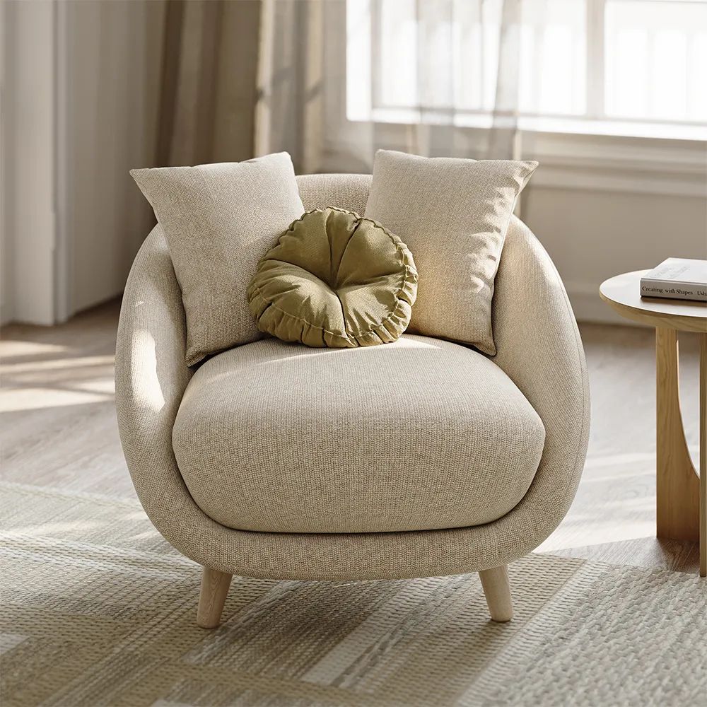 Minimalist Wooden Leg Cotton Linen Round Accent Chair 