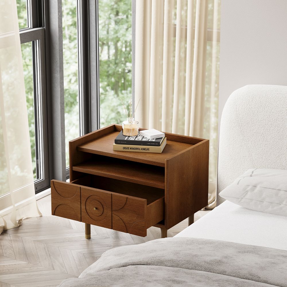 Mid-Century Modern Carved Solid Wood Leg Bedroom Nightstand