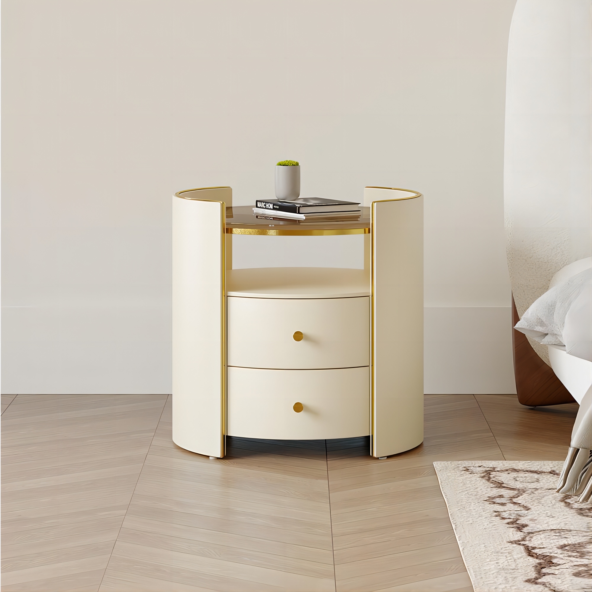 Round Modern Glass Top Faux Leather Solid Wood Nightstand 