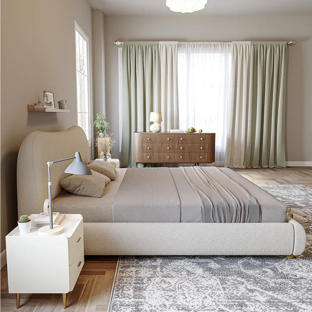 Wholesale Minimalist-style Boucle Solid Wood Legs Bed Frame 