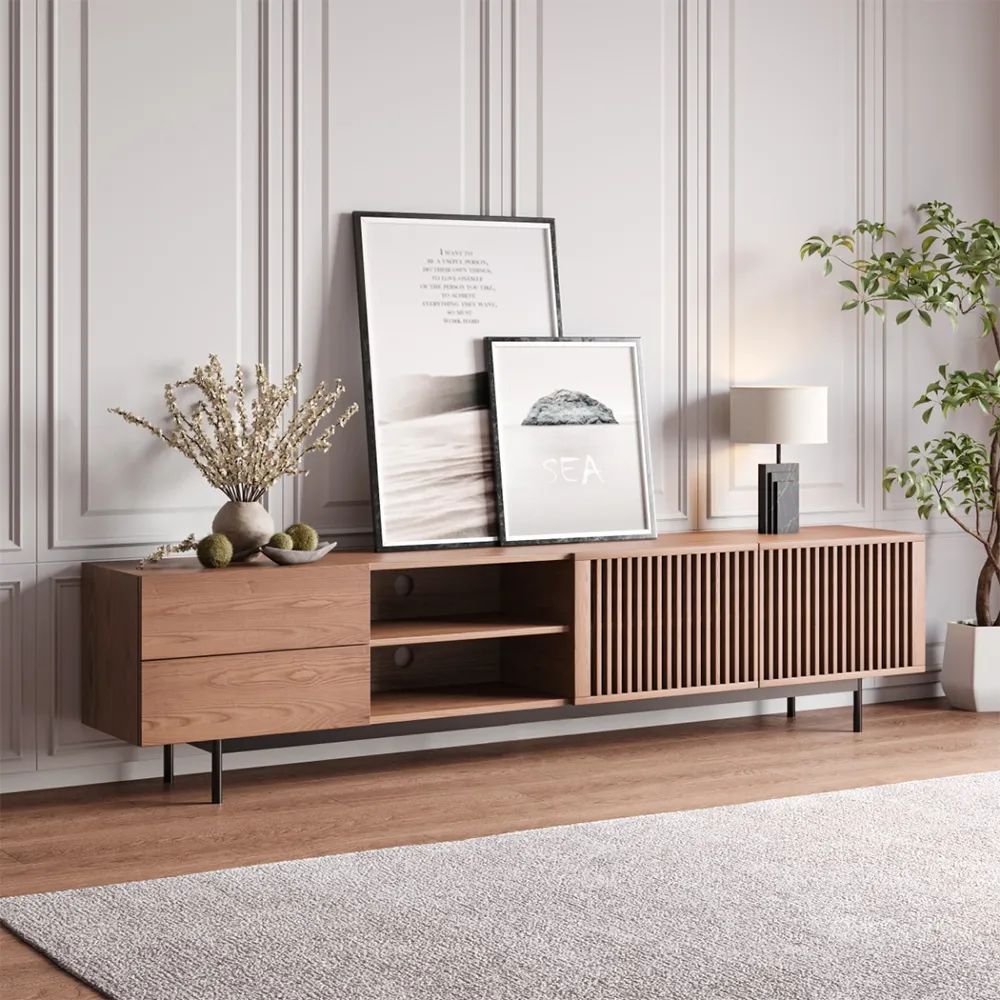 Modern Louvered Solid Wood TV Stand