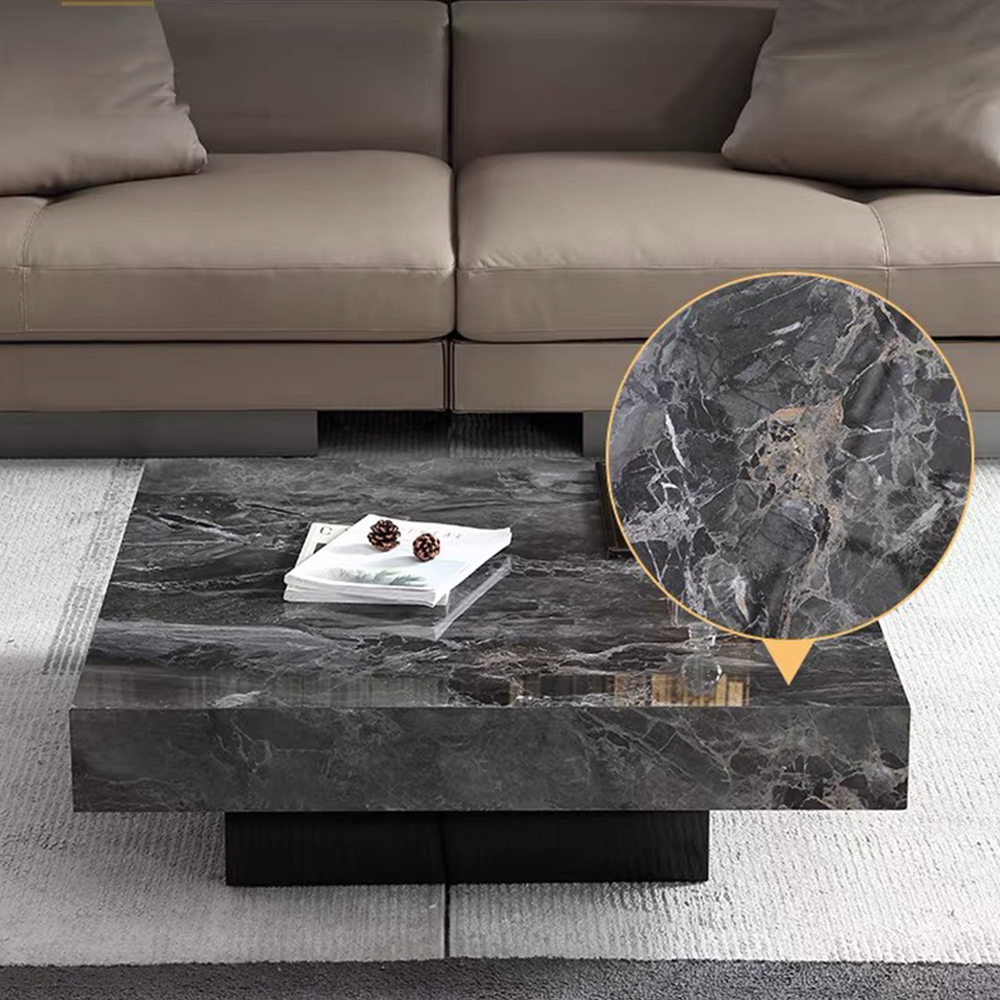 Modern Black Glossy Crystal Slate Square Coffee Table 