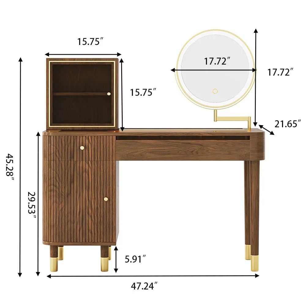 Mid-century Modern Rotating Mirror with LED Light MDF Makeup Vanity