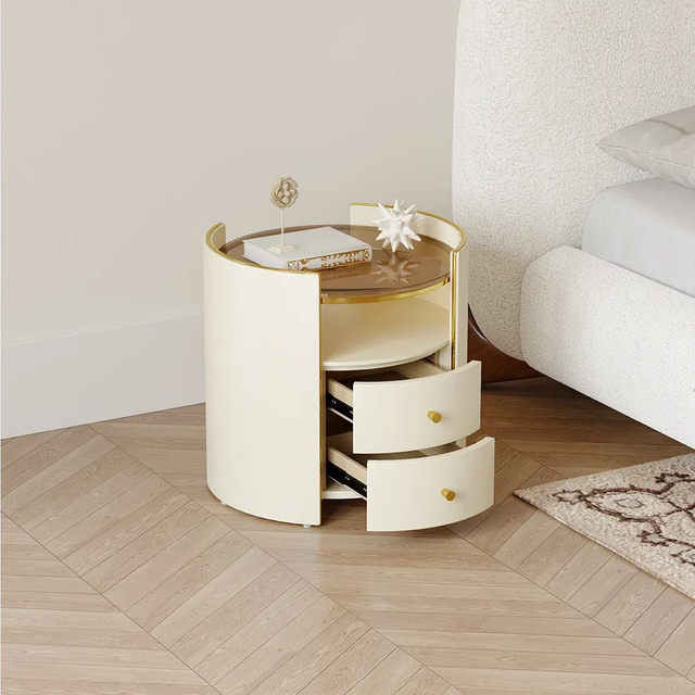 Round Modern Glass Top Faux Leather Solid Wood Nightstand 