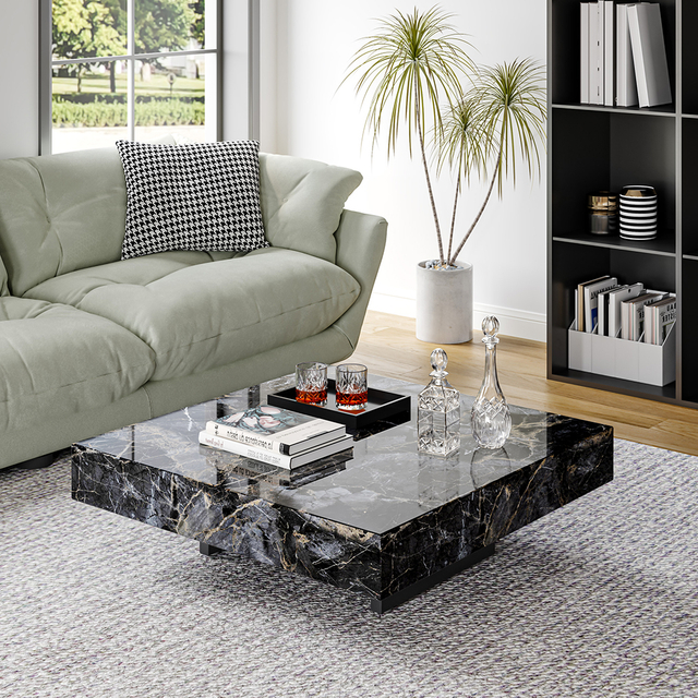 Modern Black Glossy Crystal Slate Square Coffee Table 