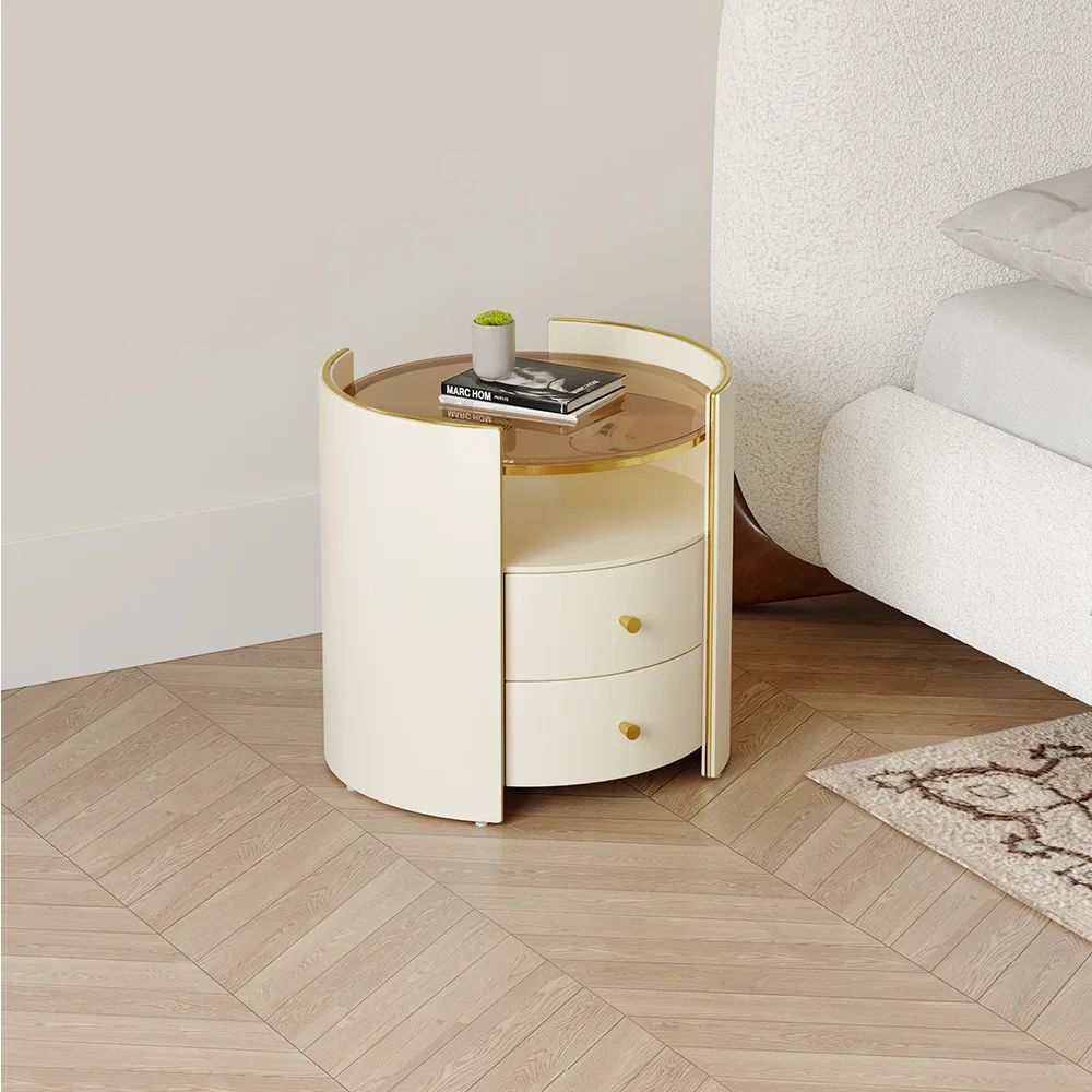 Round Modern Glass Top Faux Leather Solid Wood Nightstand 