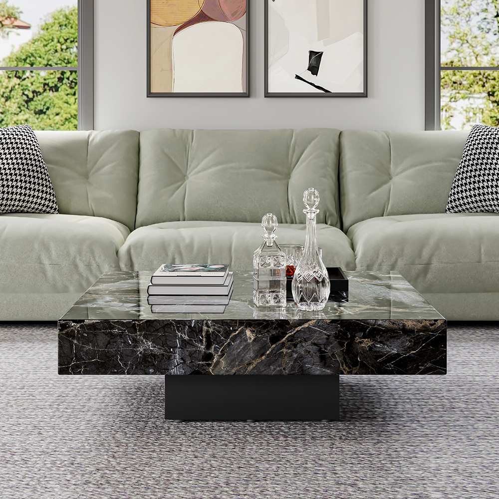 Modern Black Glossy Crystal Slate Square Coffee Table 