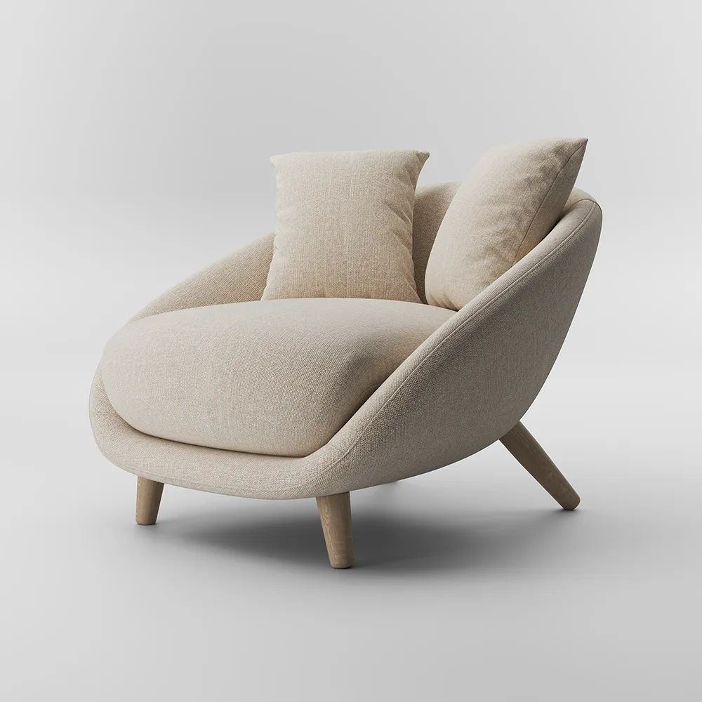 Minimalist Wooden Leg Cotton Linen Round Accent Chair 