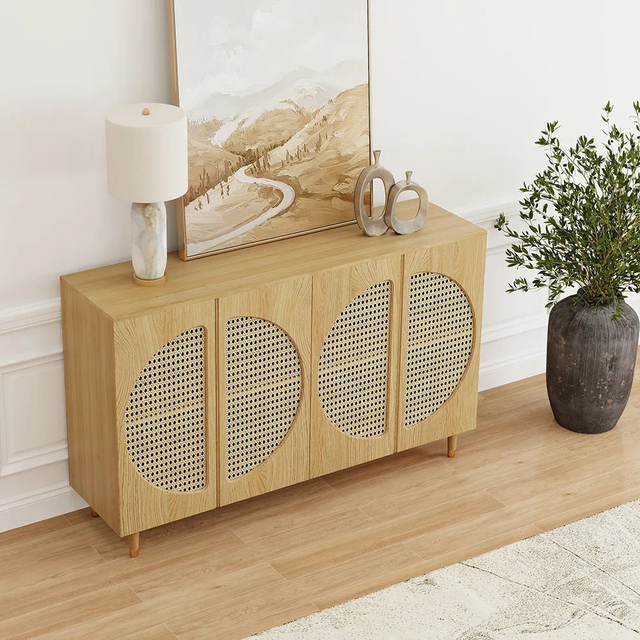 Mid-Century Style Double Door Ash Wood No Assembly Required Sideboard 