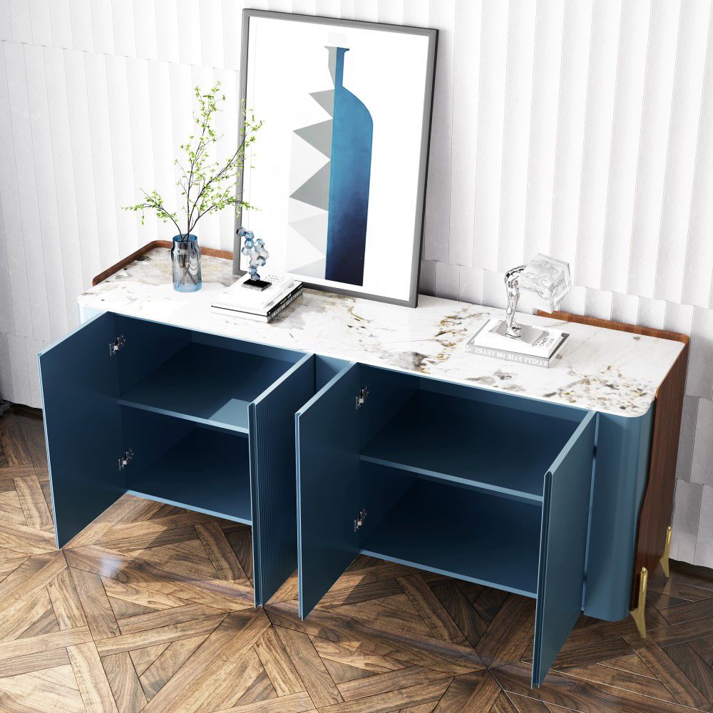 Modern Luxe Navy Blue Eucalyptus Veneer Stainless Steel Leg Sideboard Buffet