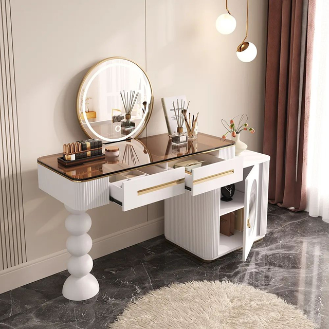 Modern Style with LED Lights Tempered Glass Tabletop 2 Drawers Makeup Vanity