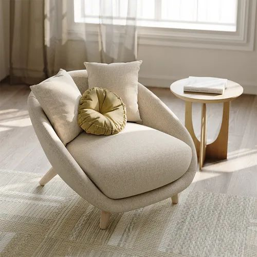 Minimalist Wooden Leg Cotton Linen Round Accent Chair 