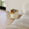 Round Modern Glass Top Faux Leather Solid Wood Nightstand 