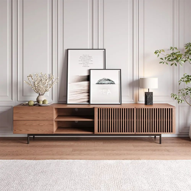 Modern Louvered Solid Wood TV Stand