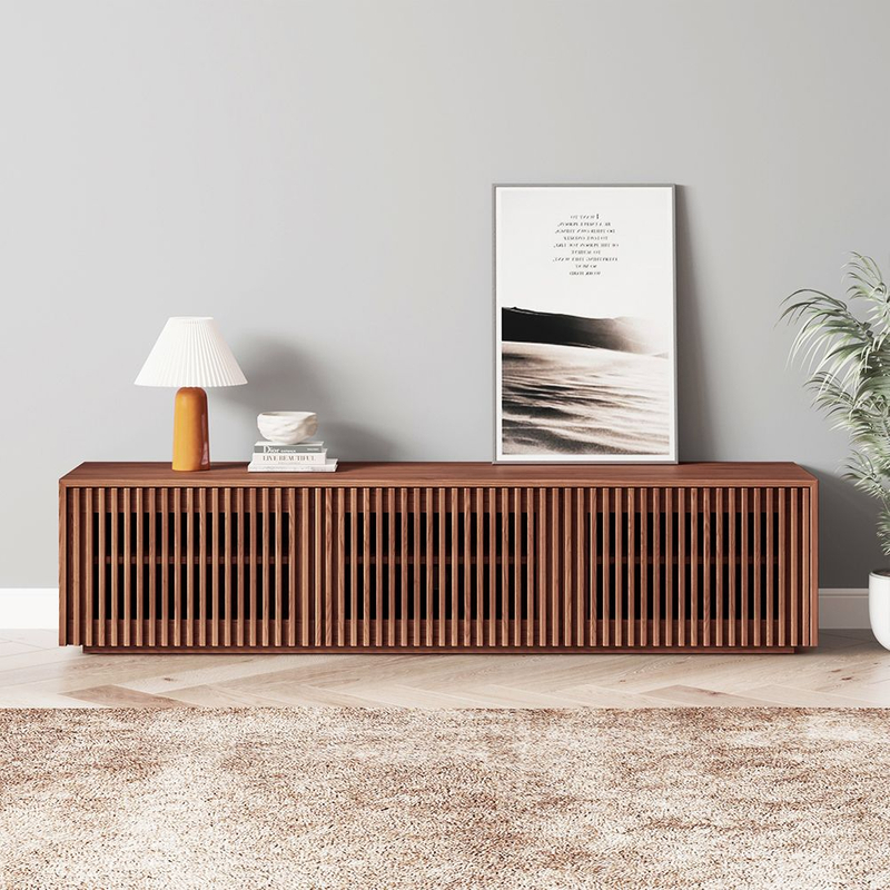 Modern Wood Minimalist Slatted Entertainment Fully-Assembled TV Stand 