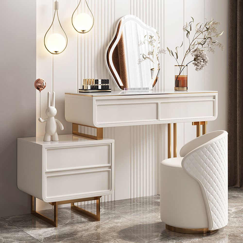 Modern LED Mirror 4 Solid Wood Drawers Beige with Storage Makeup Vanity Set 