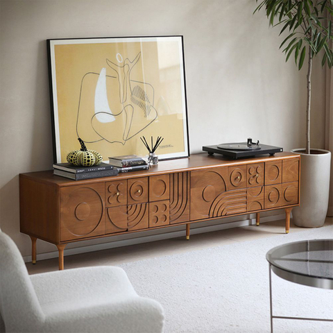 Mid-Century Modern Wood Media Console with Cabinets TV Stand