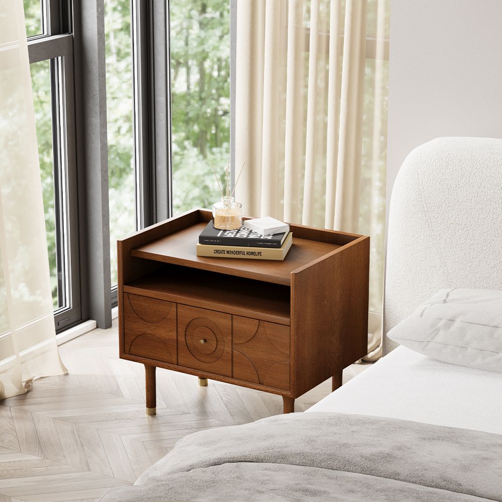 Mid-Century Modern Carved Solid Wood Leg Bedroom Nightstand